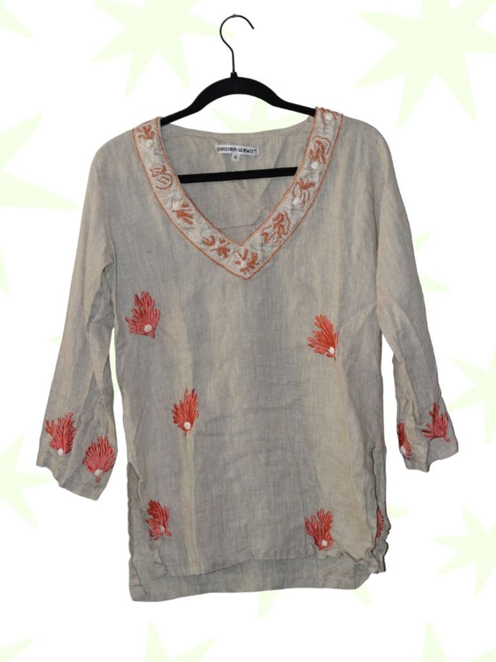 VTG Barbara Gerwit 100% linen beaded and embroidered v neck blouse S